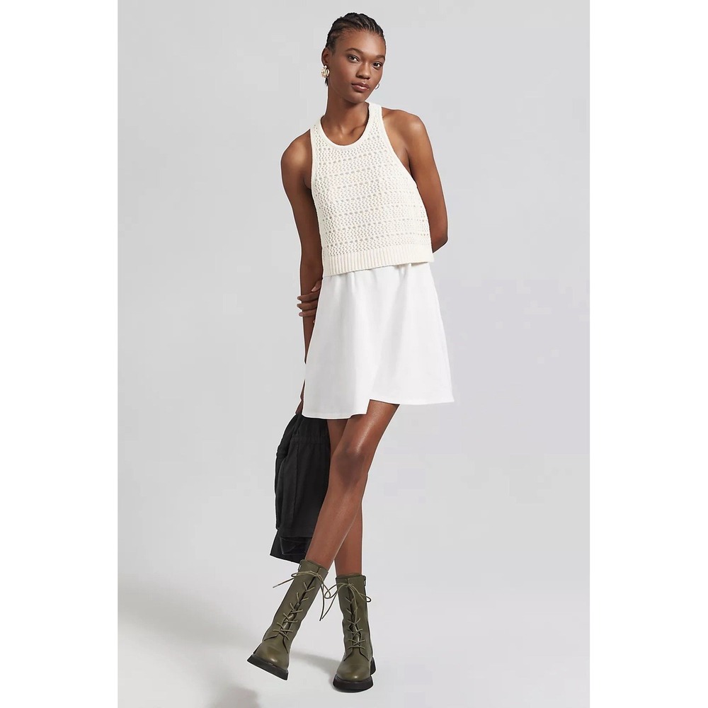Anthropologie Cream Crochet Tank Mini Dress with White Skirt